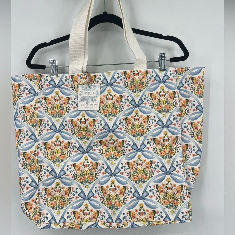 Shabby Chic Blue Ribbon Floral Butterfly Print Canvas Tote Bag